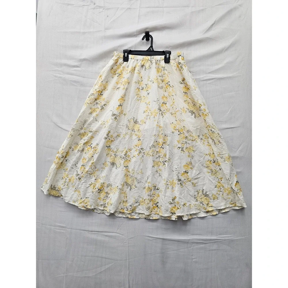 A New Day Womens Floral Midi Skirt White Cotton Blend Casual Size Medium